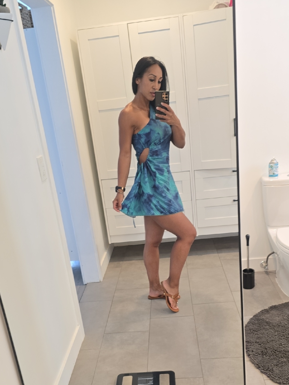 Blue Tie-Dye One-Shoulder Mini Dress with Side Cutout